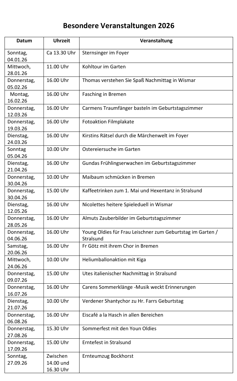 Screenshot der besonderen Veranstaltungen im laufenden Jahr Teil 1. Auskunft kann auch per Telefon gegeben werden. 