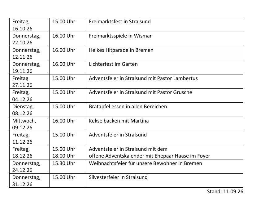 Screenshot der besonderen Veranstaltungen im laufenden Jahr Teil 2. Auskunft kann auch per Telefon gegeben werden. 