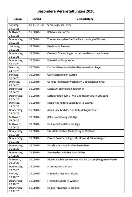 Veranstaltungen des Jahres 2026 aufgelistet. Gerne werden telefonisch Auskünfte gegeben.