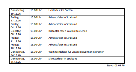 Veranstaltungen des Jahres 2026 aufgelistet. Gerne werden telefonisch Auskünfte gegeben.